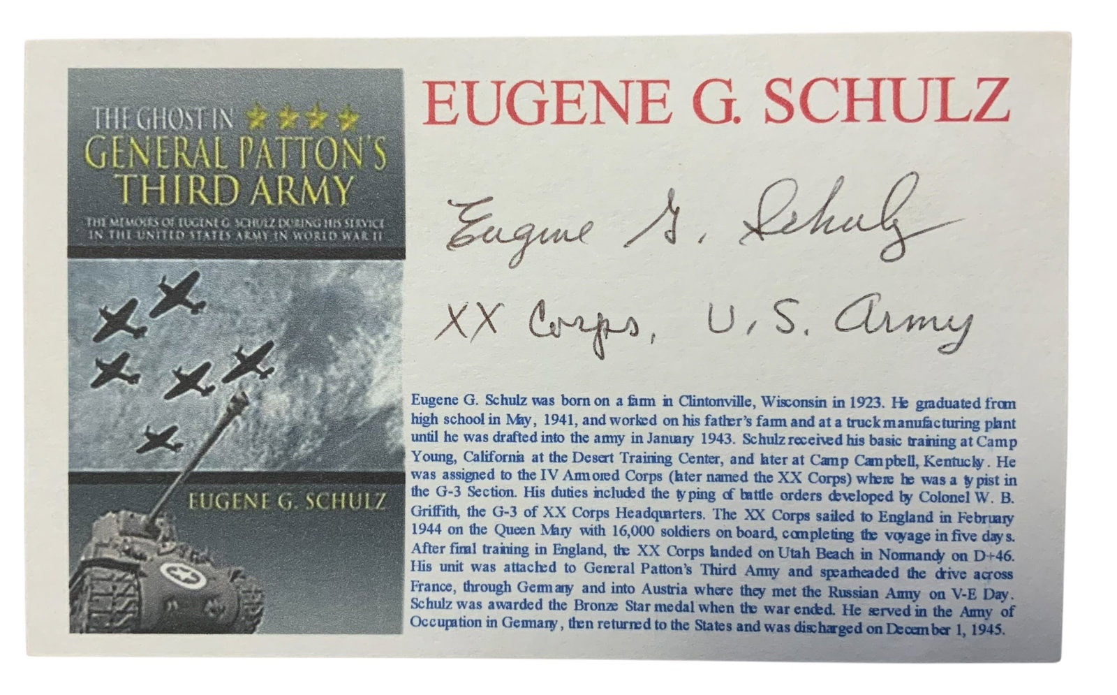 WWII US Army XX Corps Eugene Schultz Signed Card Soldier & Author (1 of 2)