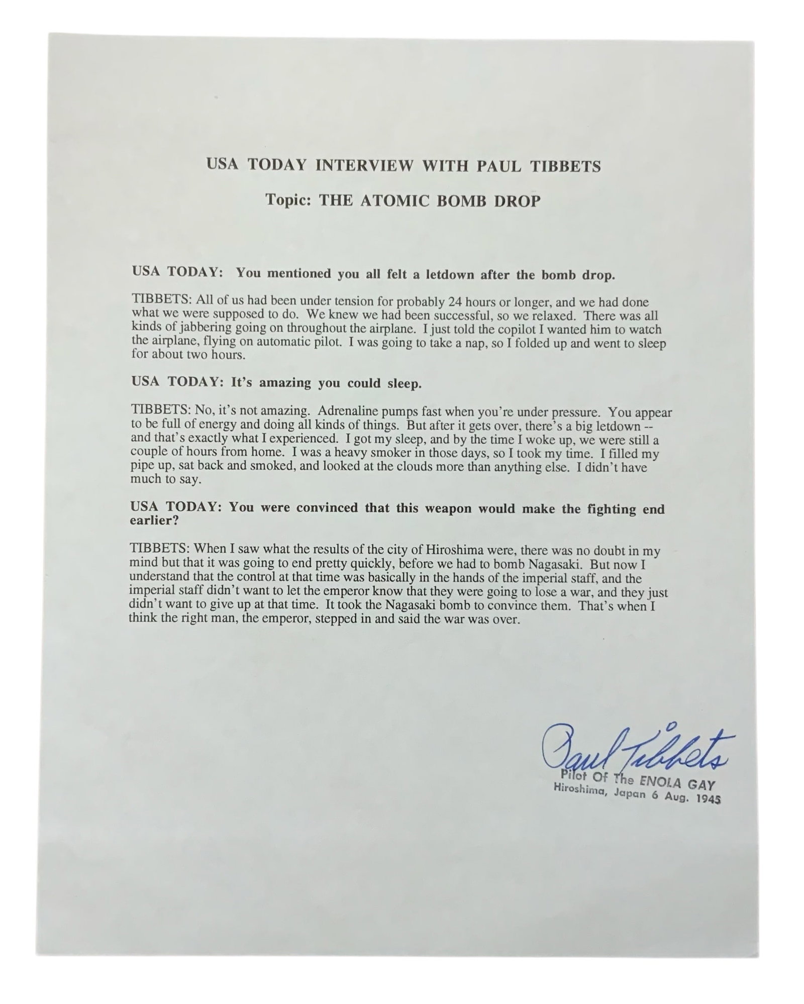 WWII Enola Gay Pilot Paul Tibbets Signed Interview Hiroshima Atomic Bomb (1 of 3)