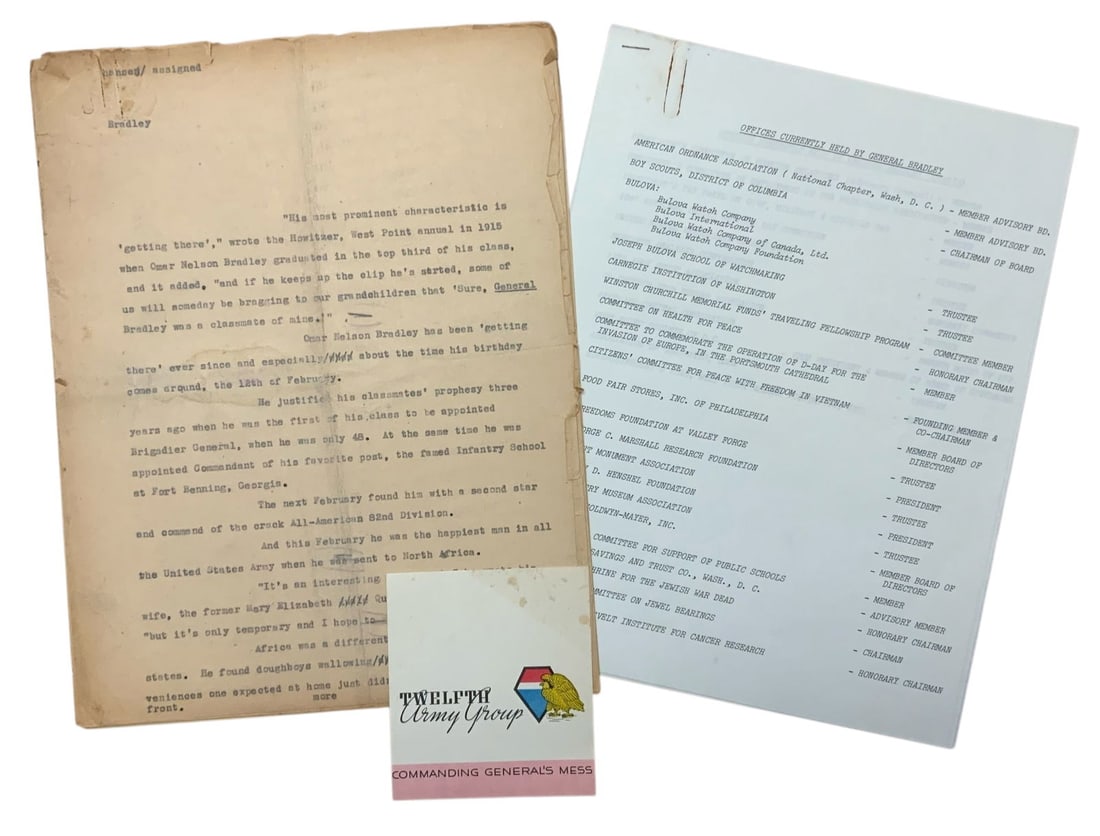 WWII 12th Army General Omar Bradley Mess Card, Transcript & Offices Held Lot (3) (1 of 8)