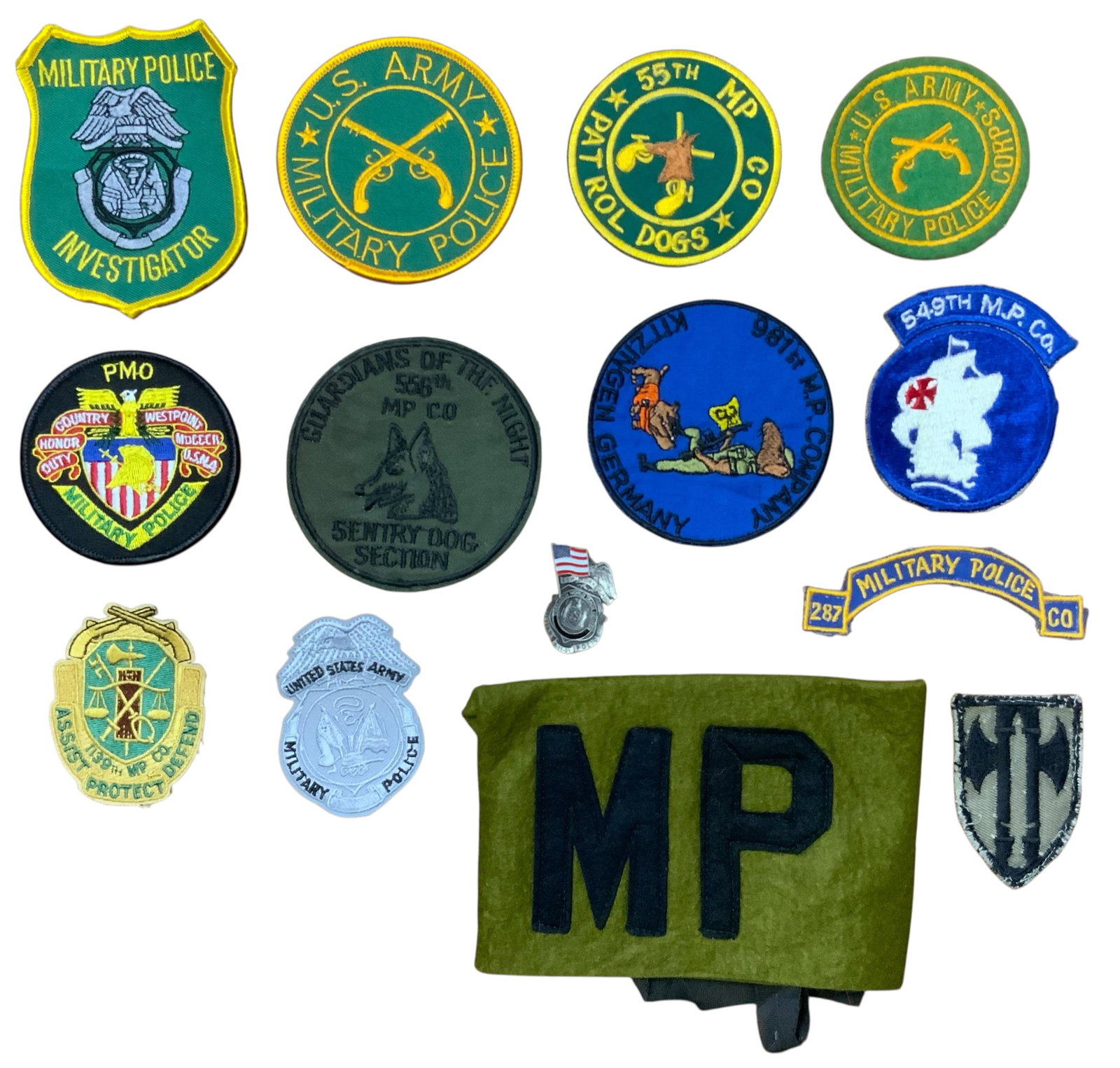 Vietnam Era Army Military Police Patches, Armband, Badge Lot: Vietnam Era Army Military Police Patches, Armband, Badge. Lot of (14). You will receive the following that include: Army Military Police Investigator, US Army Military Police, 55th Military Police Com
