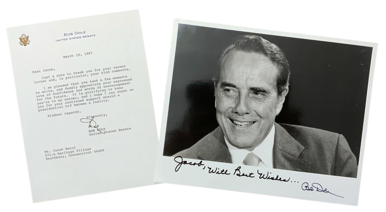 1987 US Senate Kansas Senator Bob Dole Signed Photo & Letter: Kansas Senator Bob Dole Signed Photo (8 x 10 inches) and letter. The letter is thanking the recipient for his support. This item does not come with a Certificate of Authenticity (COA). The consignor w