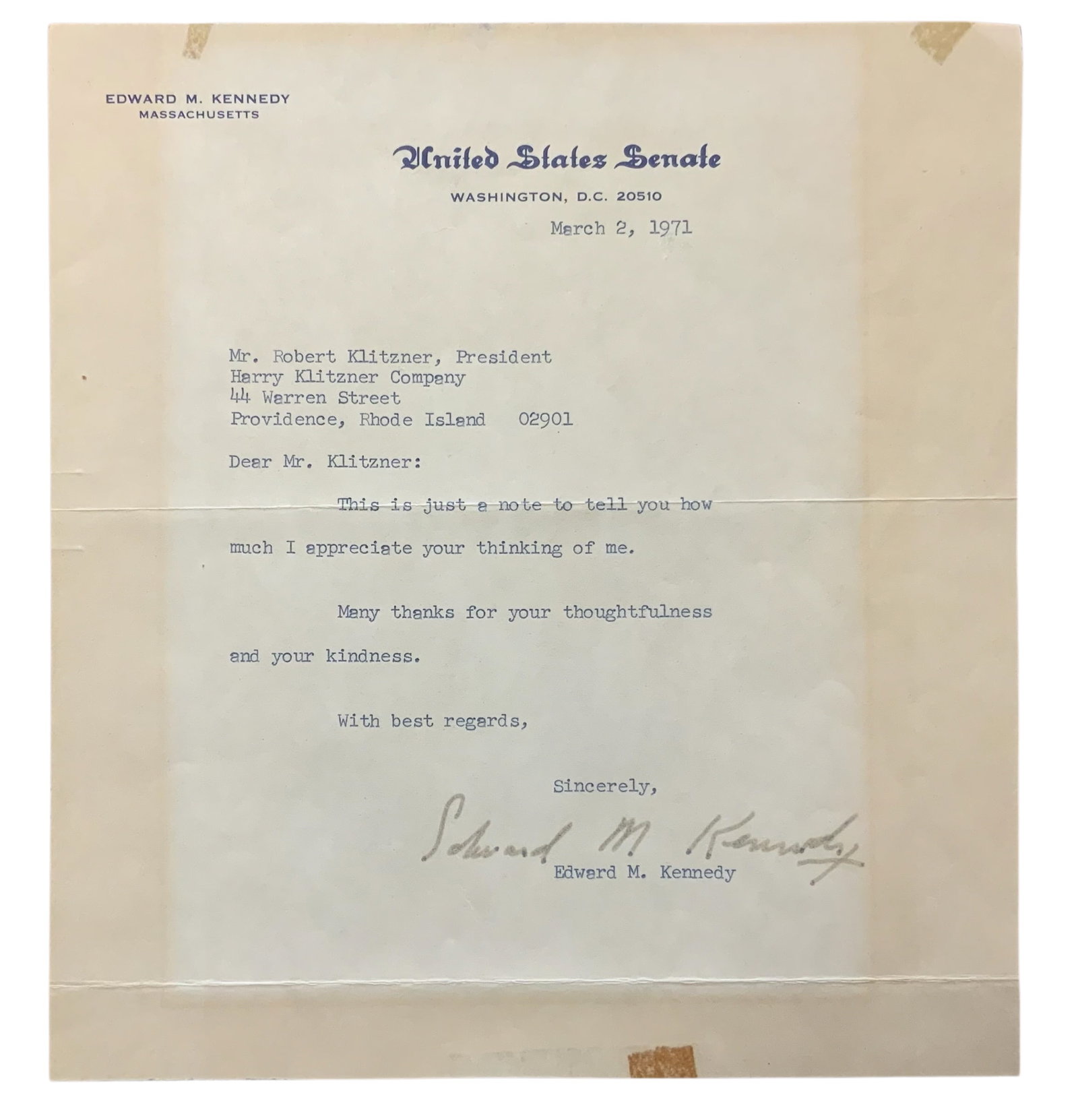 1971 Massachusetts Senator Edward M. Kennedy Signed Letter (1 of 3)