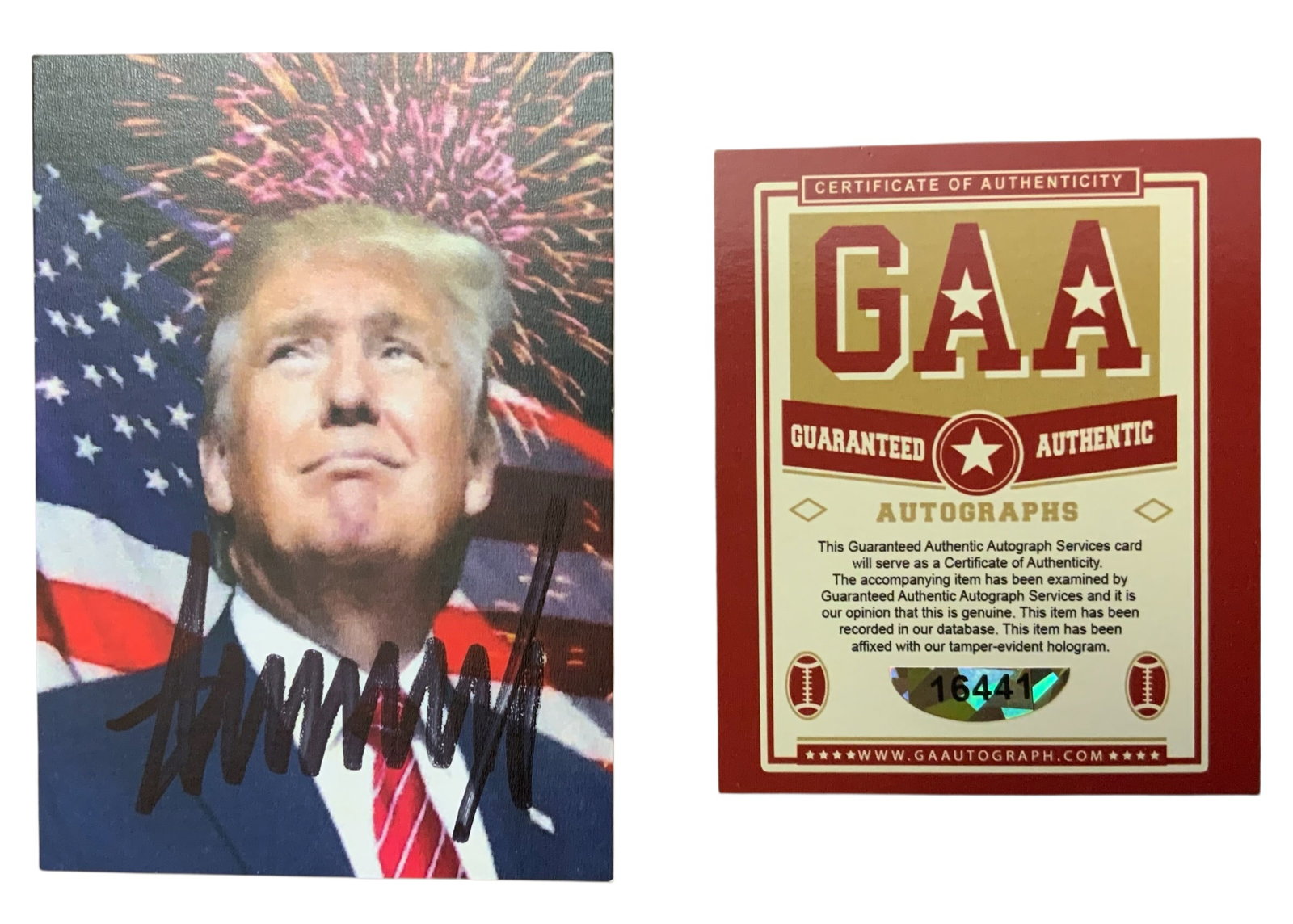 45th President Donald Trump Signed ACEO PASTEL ART Card: President Donald Trump Signed Card (2.5 x 3.5 inches) on a ACEO PASTEL ART limited edition print. This item comes with a Certificate of Authenticity (COA) from Guaranteed Authentic Autographs (GAA). T