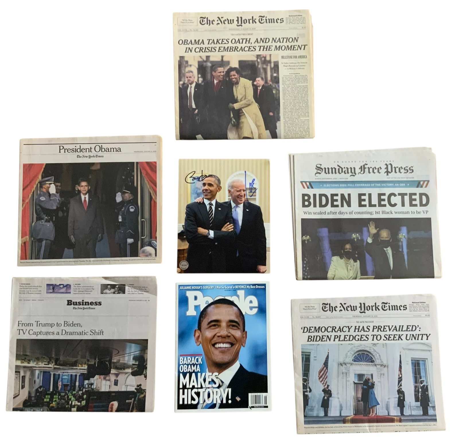 Presidents Barack Obama / Joe Biden Signed Photo & Newspapers / Magazine Lot: Presidents Barack Obama and Joe Biden Signed Photo (8 x 10 inches) & Newspapers / Magazine Lot. This item comes in the form of a Hologram Sticker Certificate of Authenticity (COA) from InPersonAuthent