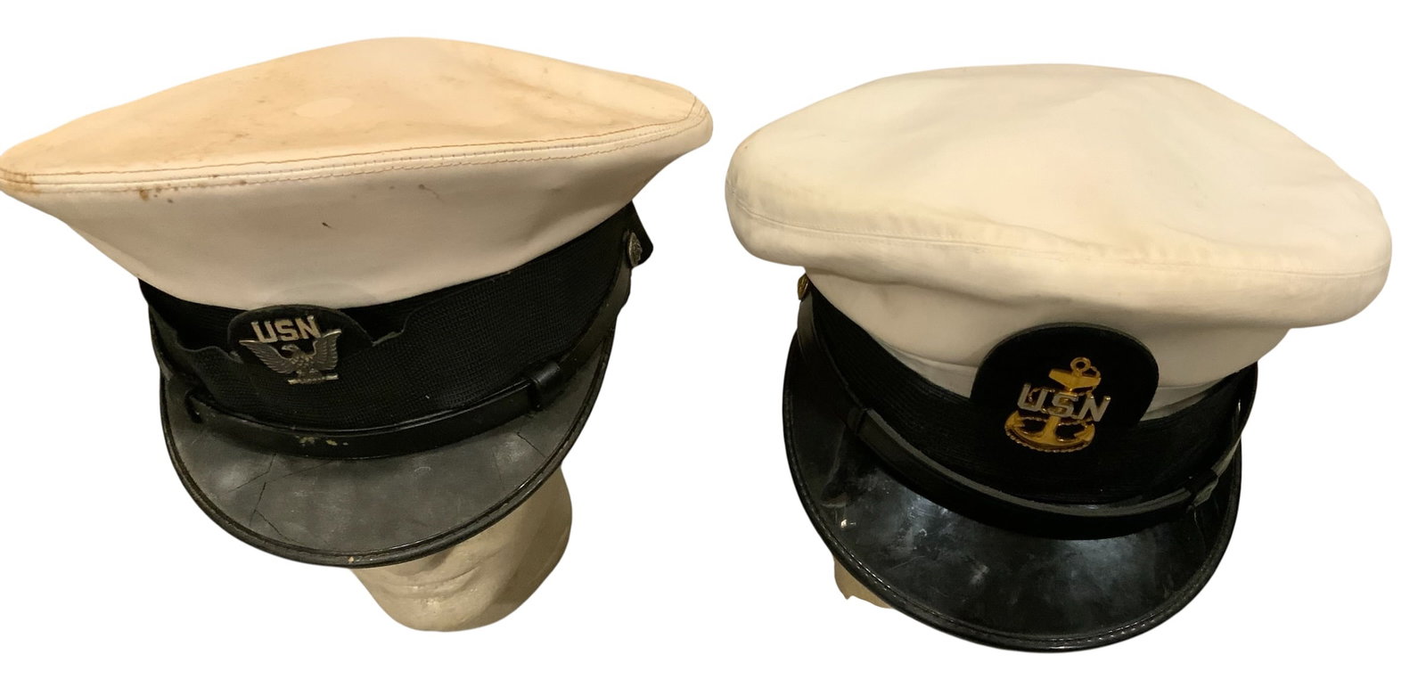 USN Navy Enlisted & NAMED Chief Petty Officer (CPO) White Dress Caps Visors LOT (2) (1 of 9)