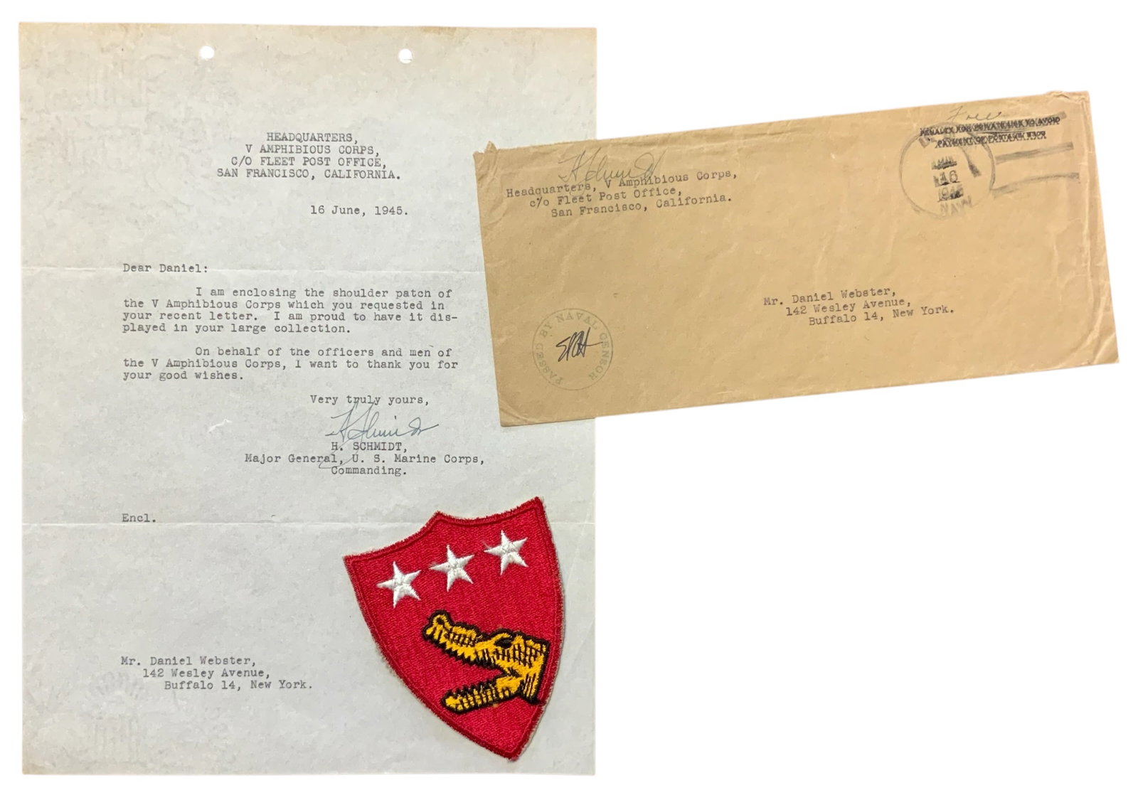 WWII 1945 USMC Marine V Amphibious Corps General Schmidt Signed Letter & Patch (1 of 6)
