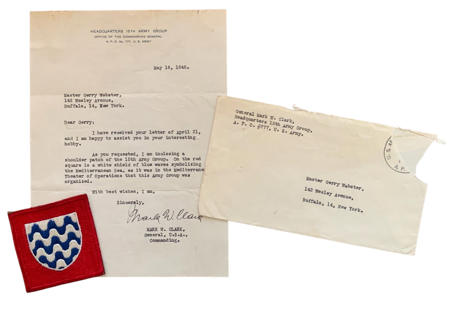 WWII 1945 15th Army Group General Mark Clark Signed Letter & Patch (1 of 5)