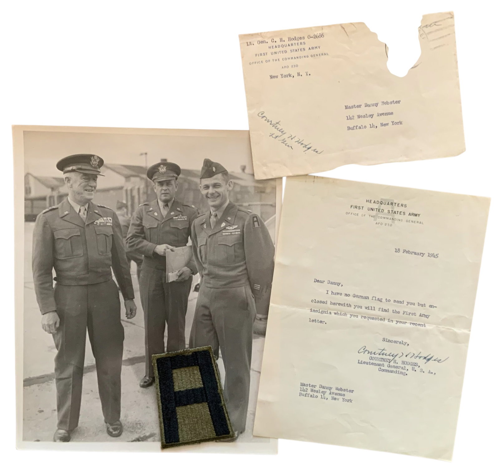 WWII 1945 1st Army LTG Courtney Hodges Signed Letter, Censored Envelope & Patch: WWII 1945 1st Army LTG Courtney Hodges Signed Letter, Censored Envelope & Patch. Letter from Lieutenant General Courtney Hodges (later in his career a General) to the recipient who requested a German 