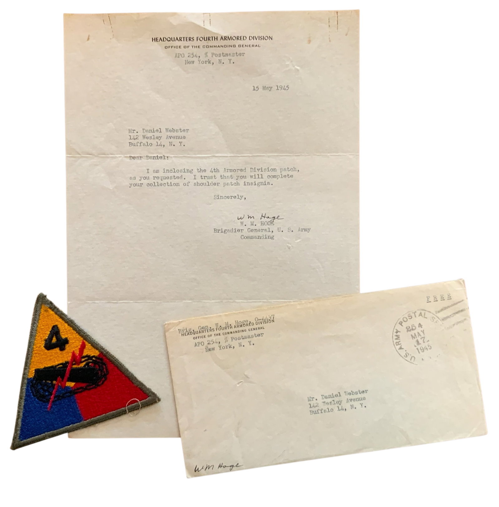 WWII 1945 4th Armored Division BG Hoge Signed Letter Censored Envelope & Patch (1 of 5)