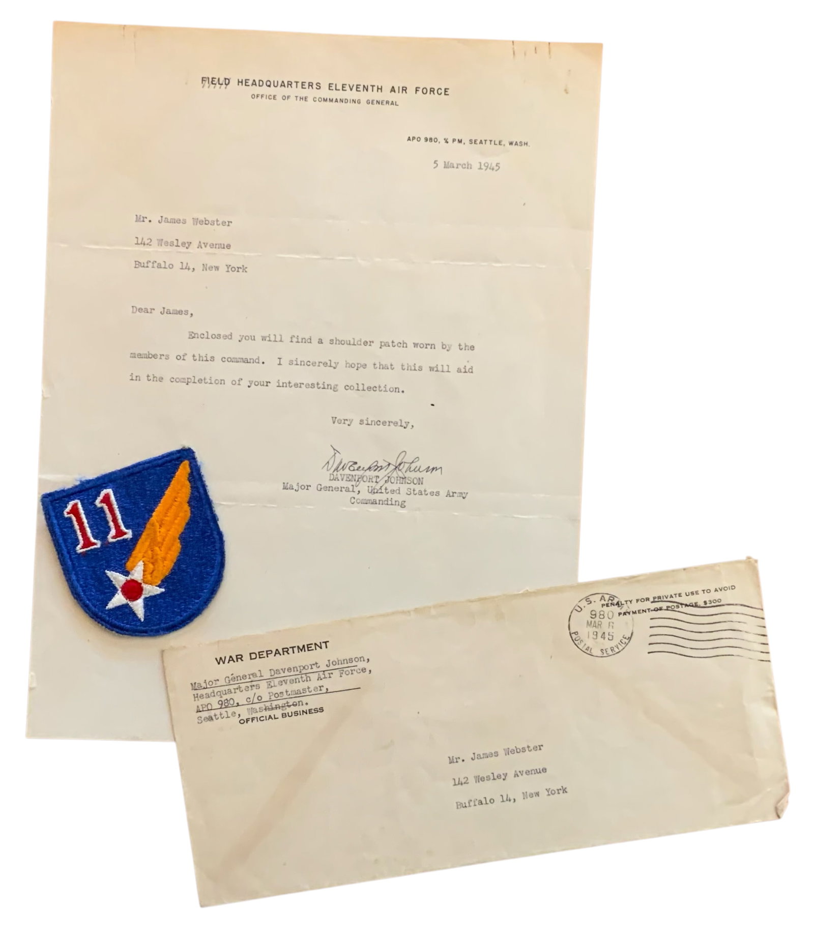 WWII 1945 11th Air Force MG Johnson Signed Letter & Patch (1 of 5)