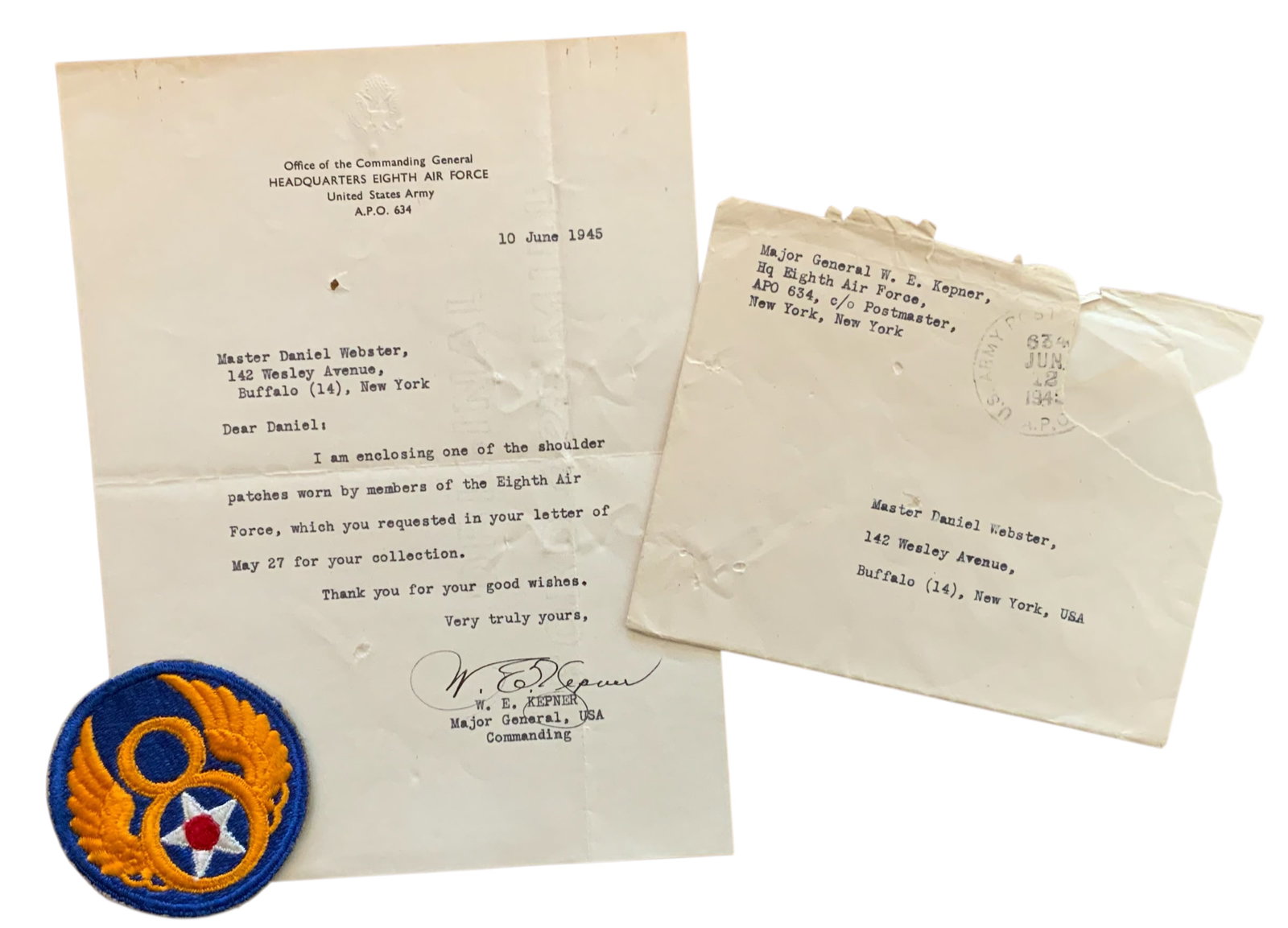 WWII 1945 8th Air Force MG Kepner Signed Letter & Patch (1 of 5)
