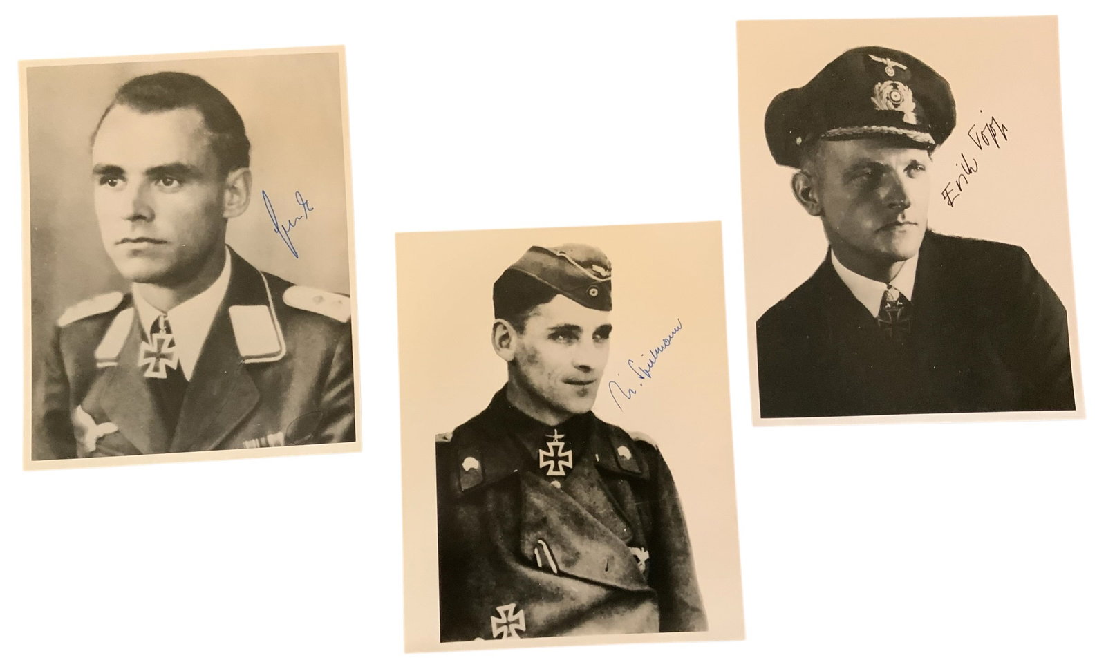 WWII German Knights Cross Recipients Topp, Stronk & Spielmann Signed Auto Photos: WWII German Knights Cross Recipients Erich Topp, Wolfram Stronk & Johann Hans Spielmann Signed Auto Photos. These photos do not come with a Certificate of Authenticity (COA). These signed photo are co
