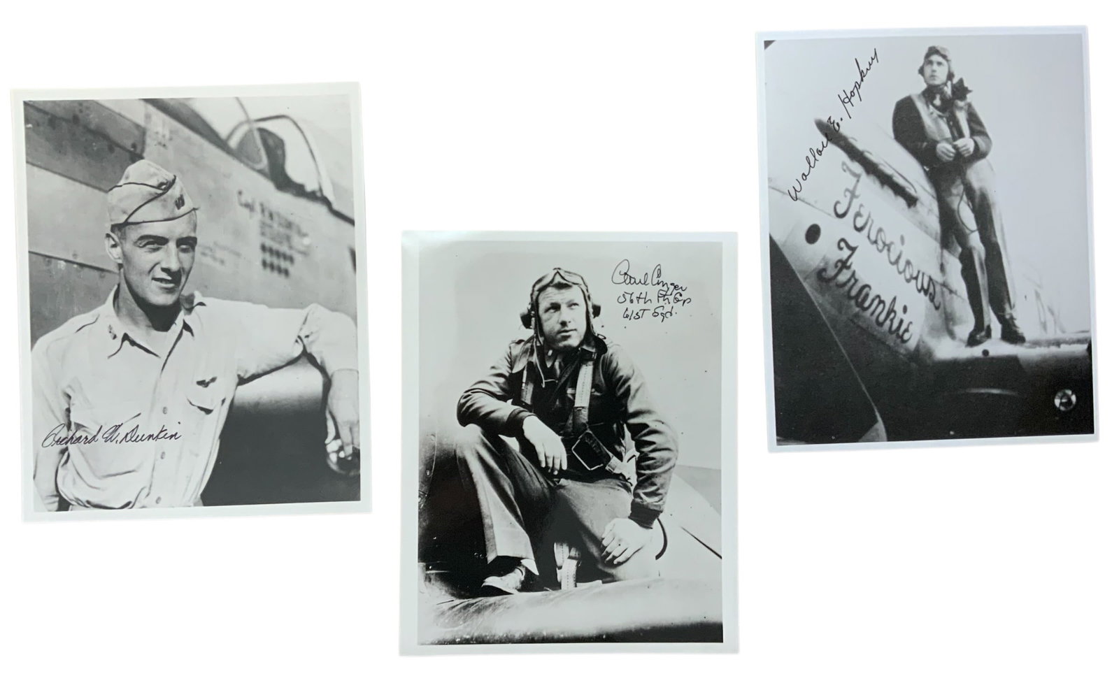 WWII U.S. Fighter Aces Hopkins 361st FG, Conger & Dunkin Signed Photos: WWII Aces Wallace Hopkins, Paul Conger & Richard Dunkin Signed Photos. These photos do not come with a Certificate of Authenticity (COA). These signed photo are copies of the actual period photo. The 