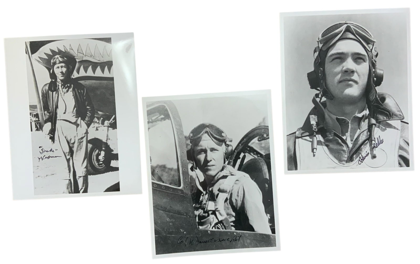 WWII US Fighter Aces USMC Farrell, Heller & Hedman Flying Tiger Signed Photos: WWII Aces William Farrell, Edwin Heller & Duke Hedman Signed Photos. These photos do not come with a Certificate of Authenticity (COA). These signed photo are copies of the actual period photo. The si