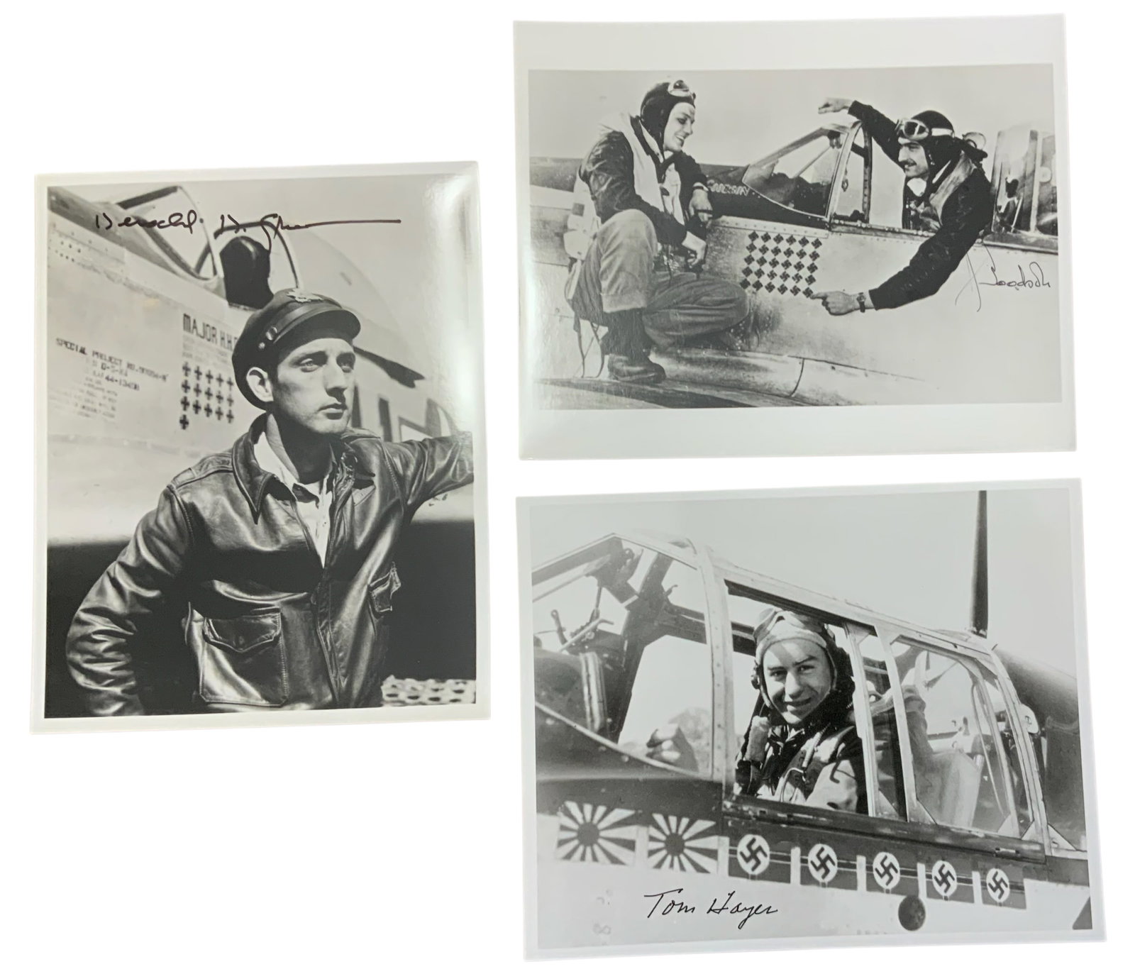 WWII US Fighter Aces Hayes, Goodson & Greene 15th Air Force Signed Photos: WWII Aces Tom Hayes, Jim Goodson & Herschel Greene Signed Photos. These photos do not come with a Certificate of Authenticity (COA). These signed photo are copies of the actual period photo. The signa