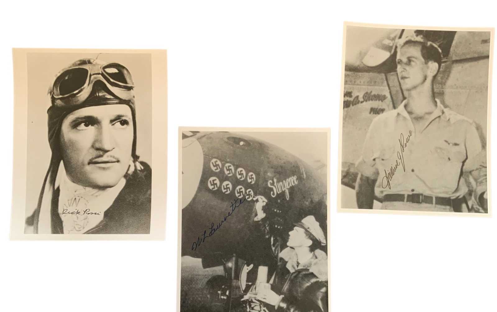 WWII US Fighter Aces Leverette, Rossi Flying Tigers & Shomo (MOH) Signed Photos: WWII US Fighter Aces William Leverette, Dick Rossi & William Shomo Signed Photos. These photos do not come with a Certificate of Authenticity (COA). These signed photo are copies of the actual period 
