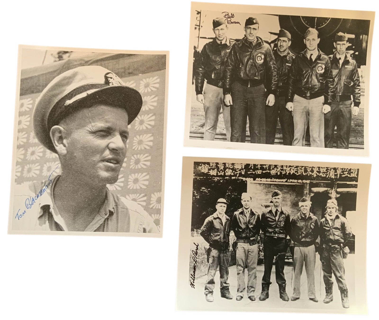 WWII Fighter Aces Blackburn Jolly Rogers, Birch & Bower Doolittle Raiders Signed Photos: WWII Fighter Aces Tom Blackburn, Bill Birch & Bill Bower Signed Photos. These photos do not come with a Certificate of Authenticity (COA). These signed photo are copies of the actual period photo. The