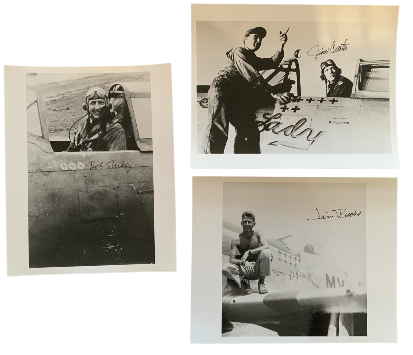 WWII Fighter Aces Carter 56th FG, Brooks 307th FS & Barkley Signed Photos: WWII Fighter Aces Jim Carter, Jim Brooks & Bob Barkley Signed Photos. These photos do not come with a Certificate of Authenticity (COA). These signed photo are copies of the actual period photo. The s
