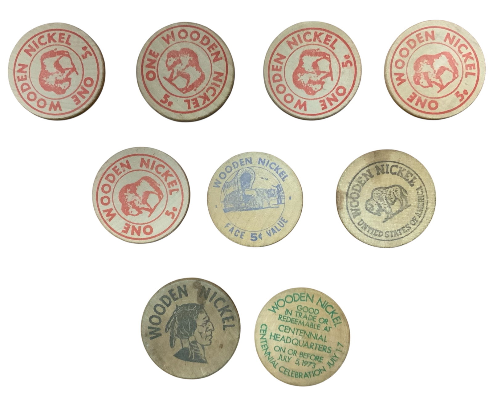 Wooden Nickels Tokens LOT (9): Wooden Nickels Tokens as shown. Lot of (9). Condition varies with each token.