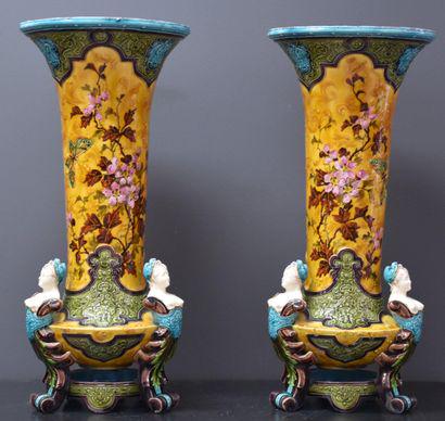 Pair of French majolica vases circa 1880 in the style: Pair of French majolica vases circa 1880 in the style of Théodore Deck. Height:49 cm
