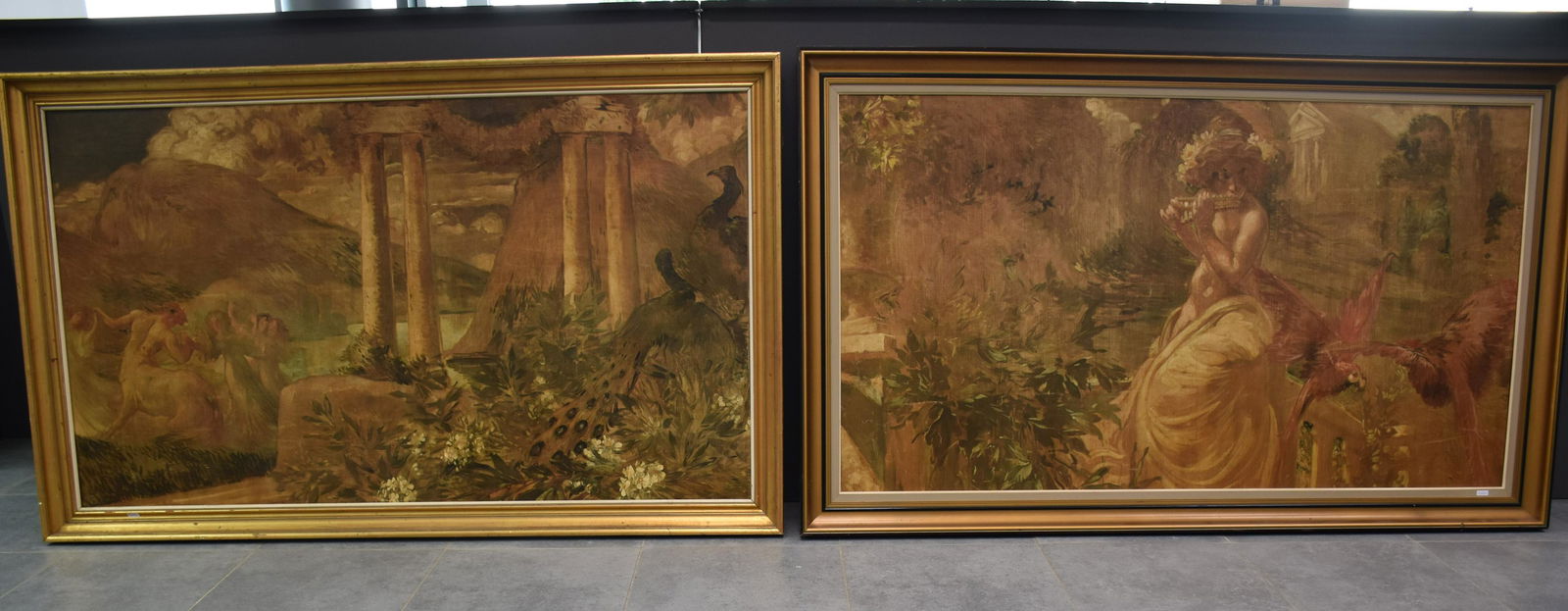 Anto Carte (1886 - 1954). Not signed. Important pair of: Anto Carte (1886 - 1954). Not signed. Important pair of oils on canvas representing a flute player in the Symbolist style for the first. The second illustrates a dance between a centaur and a round of