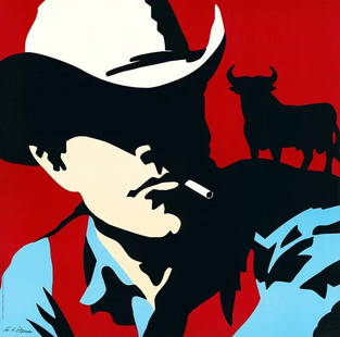 Antonio de Felipe: Antonio de Felipe "Cowboy In red with Obsborne Bull" High quality screenprint, Signed by the Author in black pen. Large size serigraphy. ORIGINAL WITH REGISTRATION AND SIGNATURE. Spectacular Giant IN