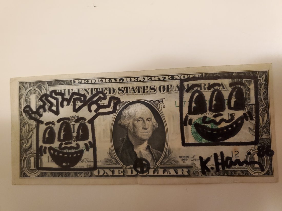 Keith Haring drawing banknote: Drawing ink marker on banknote.Private collection.Please note that this lot has no any documentation so it's been sold "in the manner" or "in the style " of the artist.For any other questions please d