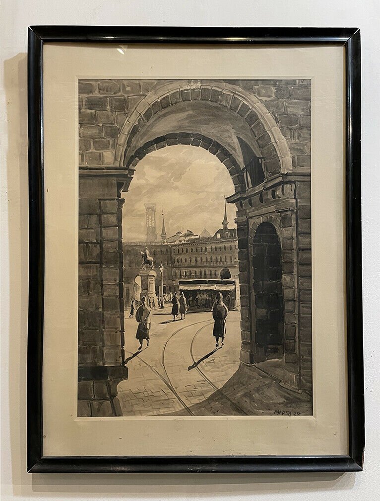 Reginald Marsh - Watercolor drawing: Reginald Marsh - Watercolor.SUBJECT MATTER/THEME: European Landscape - Modern Art.SIZE:app. 27 x 35 inches. MEDIUM:watercolor, pencil.YEAR:- 1928.SIGNATURE:on front, right bottom.TITLE:none.WRITING ON