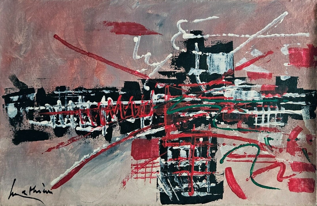 Georges Mathieu: Oil on canvas,painted,signed Mathieu,aprox. 53 by 33 cm. Sold unframed.In overall good condititions,see pictures , are part of description.From private colection US.Sold as seen on the pictures.The lo