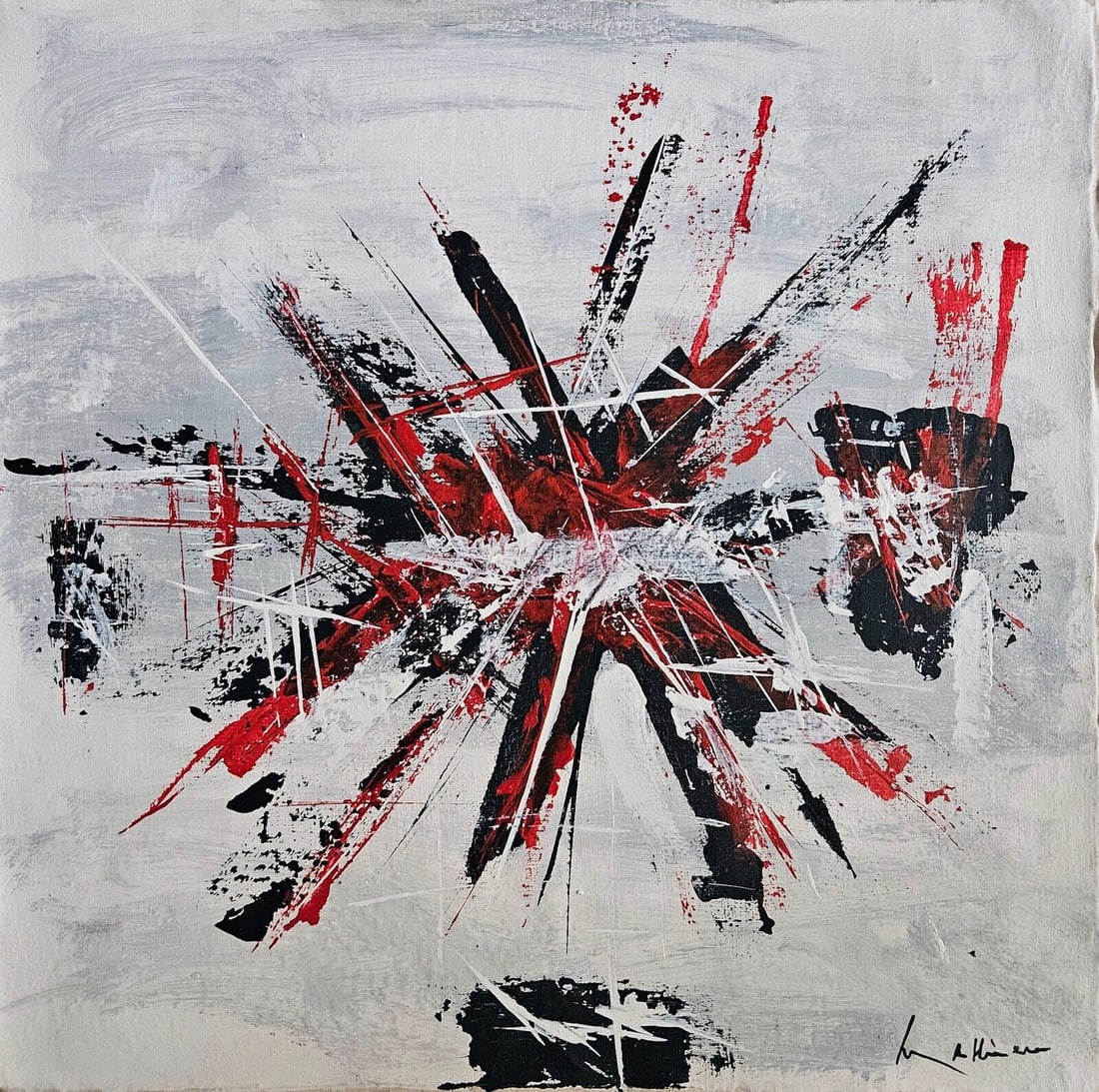 Georges Mathieu: Oil on canvas,painted,signed Mathieu,aprox. 47 by 49.5 cm. Sold unframed.In overall good condititions,see pictures , are part of description.From private colection US.Sold as seen on the pictures.The