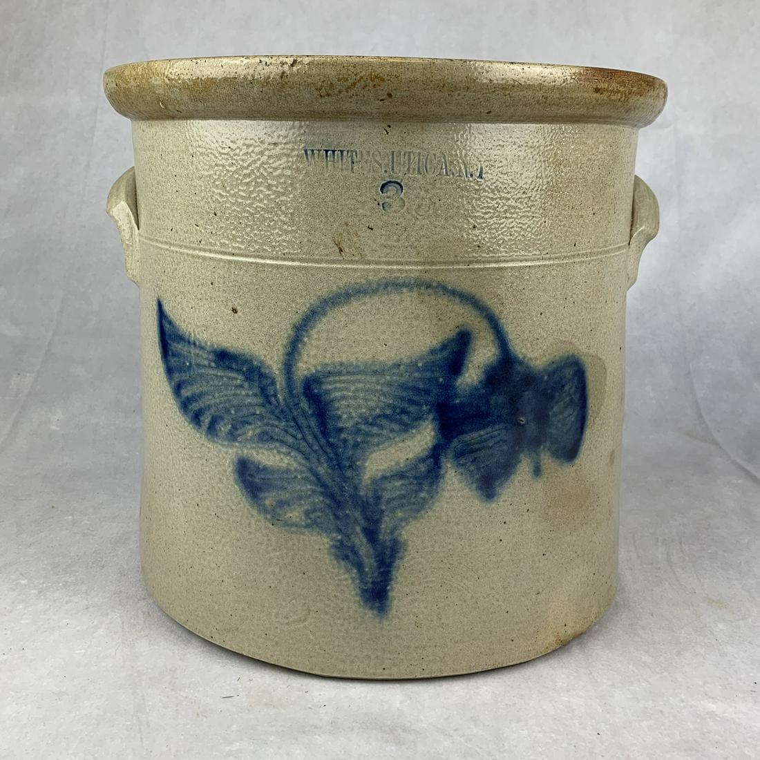 3 Gallon Decorated Crock (White's | Utica, N.Y): Very nice 3 gallon White's Utica N.Y. decorated crock. Good deep blue design covering the front. Impressed "White's Utica N.Y." No damage, few slight stains. 10 1/2" tall.