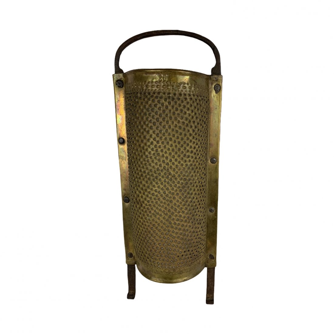 Early Brass & Iron Kitchen Grater: One of the better early graters we have had. Forged iron frame topped off with great brass grater. 16 3/4" long x 6" wide. Number 28 stamped in brass. Has damage to one back cross bar [ not seen when