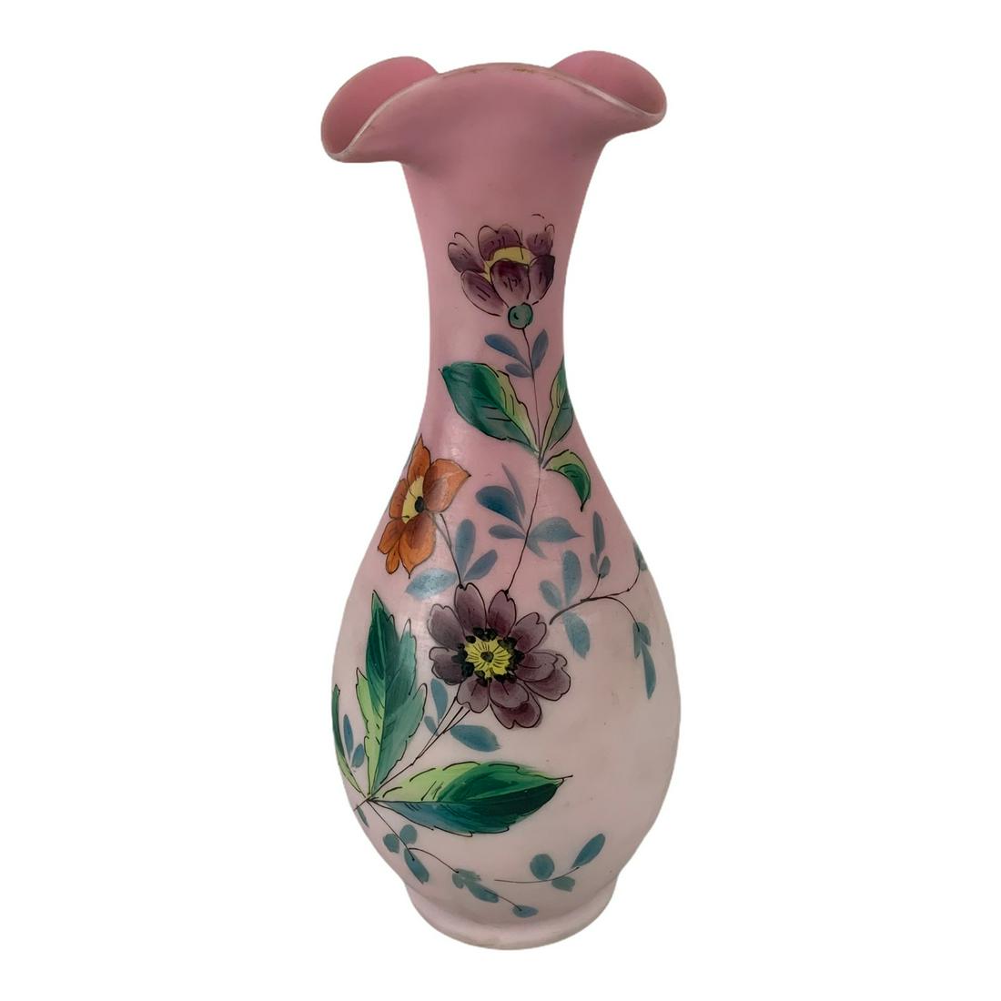Satin Vase with Flowers: An attractive Rose satin flowered vase. Burmese? Mt. Washington? Or ?? , Ground pontil. 9”. Perfect