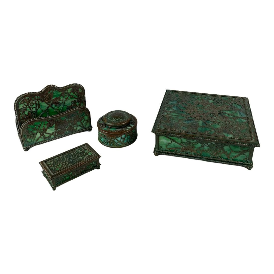 Sale Highlight! A 4 Piece Tiffany Studios Desk Set: Rare original 4 piece tiffany studios grape vine desk set. A rare handkerchief box No. 8248 ¼Ã‚Â” x 8 ¼Ã‚Â”, Double letter holder No. 1019, stamp box No. 881, and a covered i