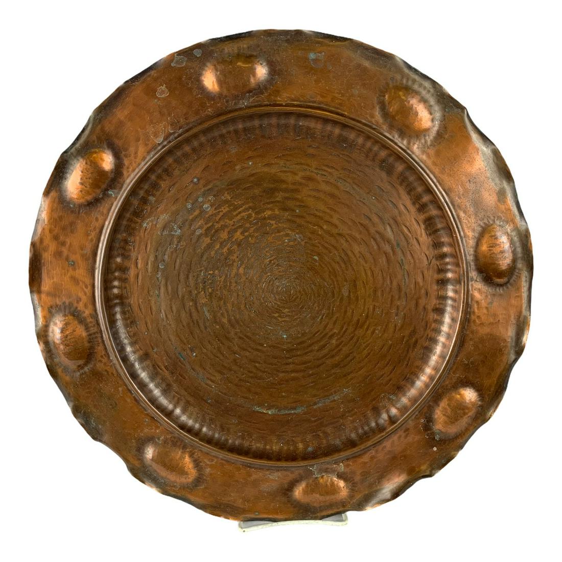 Laguna Craftsman Laguna Beach Cal. No. 108 Arts and: An excellent large arts and crafts hammered copper tray. 16”. Signed Laguna Craftsman Laguna Beach Cal. No. 108 arts and crafts tray. Bumped out design around edge, Great original surface.