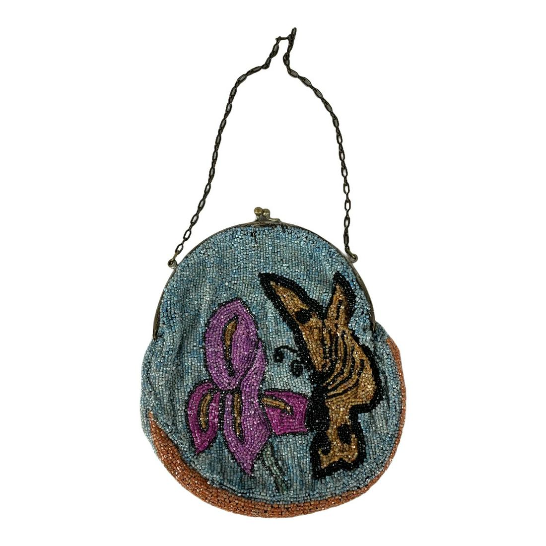 Glass Beaded Vintage Clutch Purse: Vintage colorful glass beaded clutch purse. Birds & flowers. Made in Belgium. Original liner in good condition. 7” x 6” not including chain. Excellent condition
