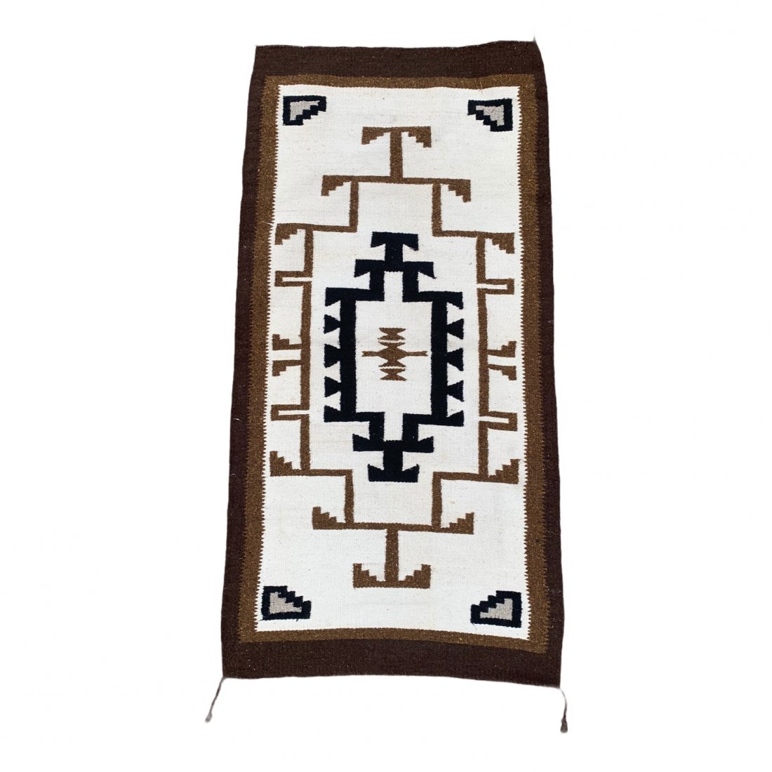 Navajo Rug: Good vintage Sharp Clean Navajo Rug. 60” x 31”. All corner ties present.