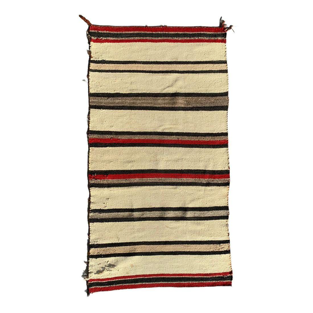 Navajo Double Saddle Blanket: Navajo Douible Saddle BlanketCirca 1935 - 1945Homespun yarn in white, black, brown, carded grays and aniline redBanded with some light bleedingTightly woven with lazy lines and edgewear with a holeIt 