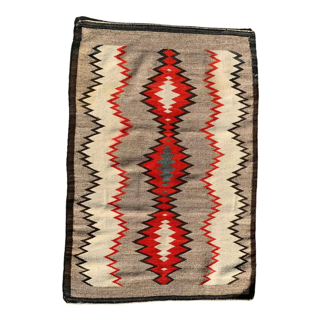 Navajo Regional Rug (c. 1930-1935): Navajo Regional Rug Circa 1930 -1935Homespun yarn in white. browns. black, carded gray & brown and aniline redStacked Eyedazzler Diamond Pattern with Lightning Elements Tightly woven with lazy lines a