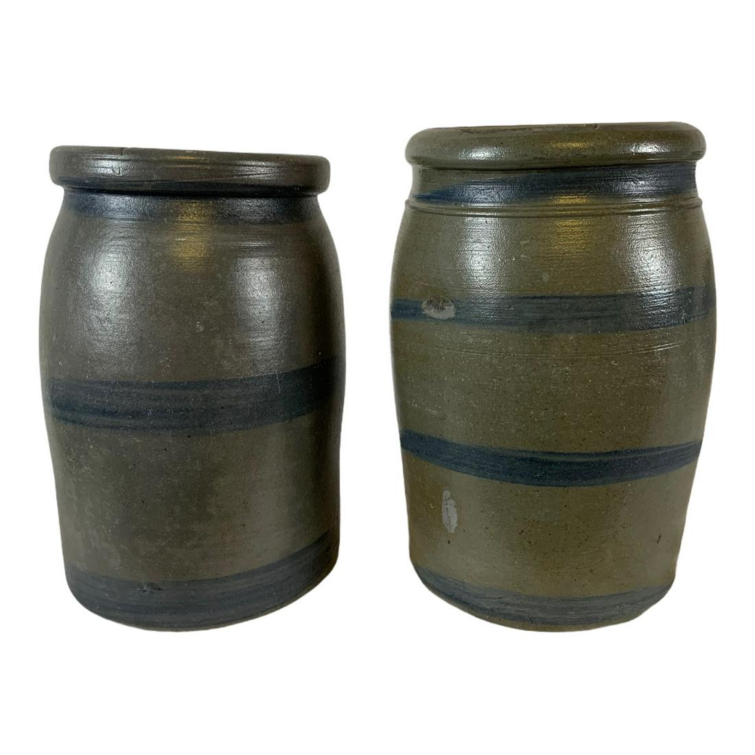 Pair of Striper Salt Glazed Stoneware Jars (1 of 2)