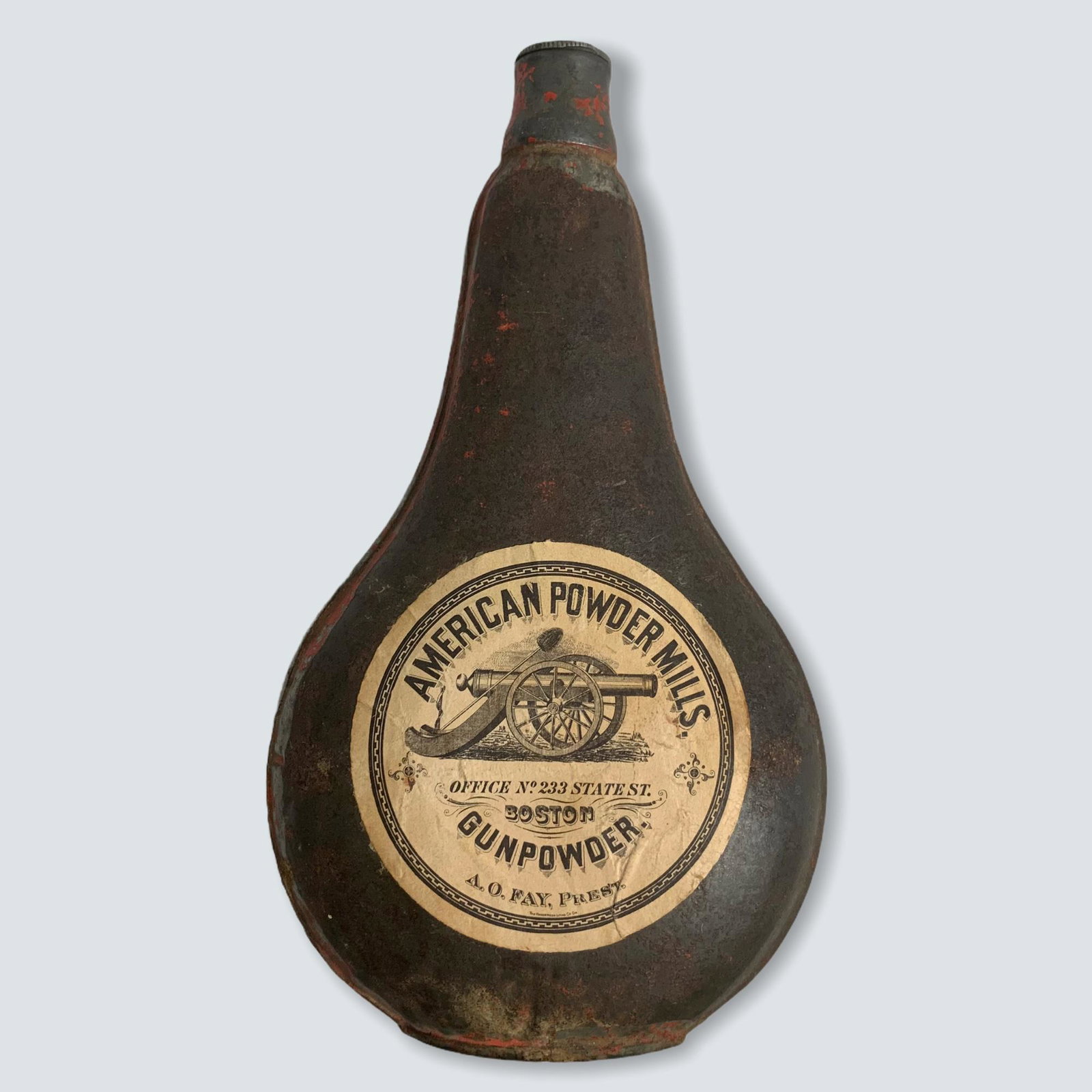 Rare 19th Century American Powder Mills Powder Flask: Here is a rare tin powder flask with pewter fill cap with screw out cap. Excellent paper label [ American Powder Mills Gun Powder. Boston. 7 inch. Excellent as found condition. Rare