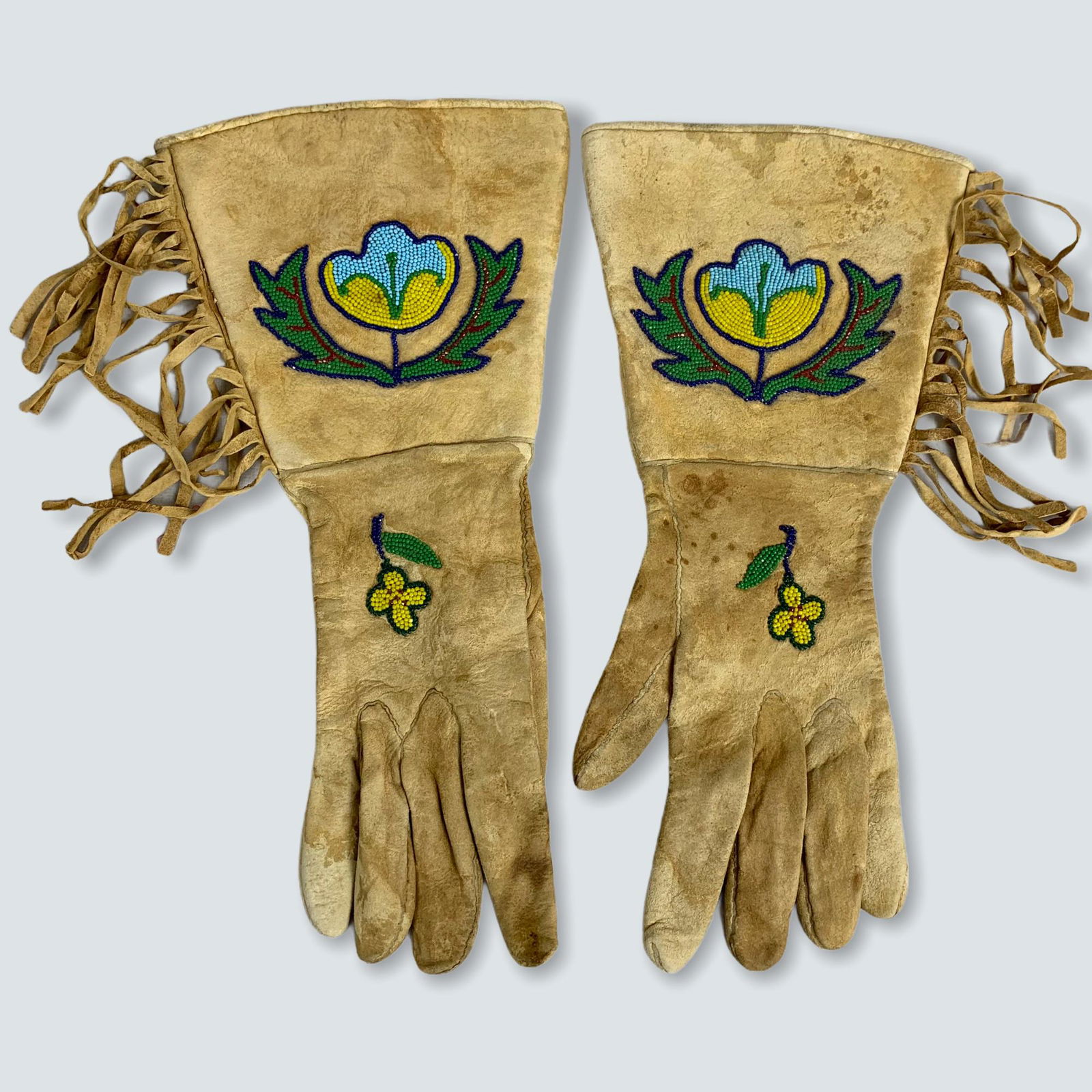 Pair of Beaded Leather Gauntlets with Fringe (1 of 2)