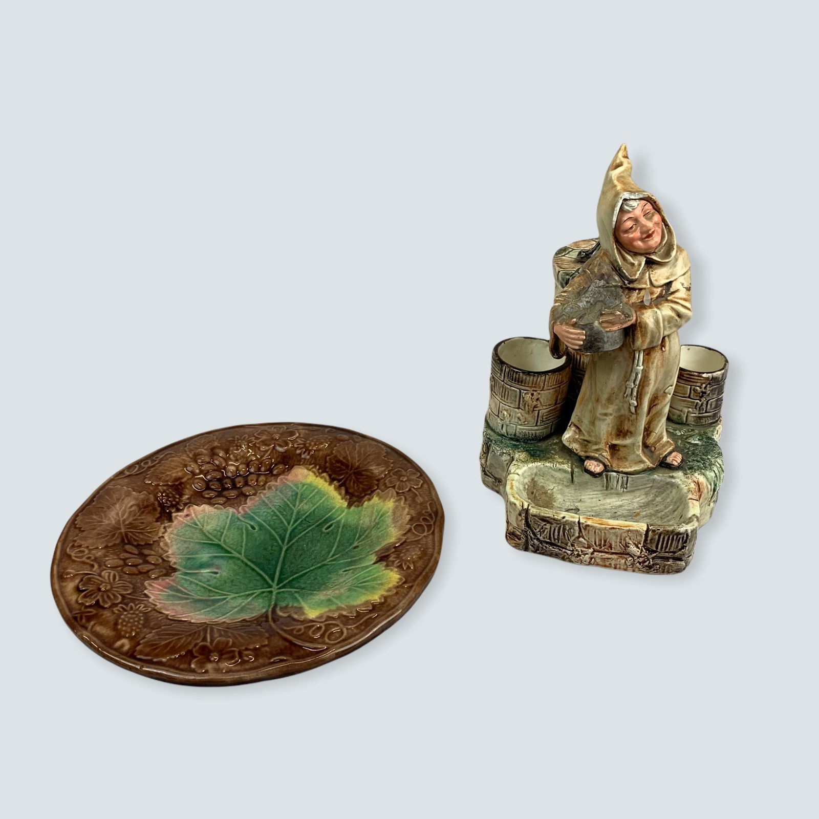 Antique Majolica Plate & Majolica Figurine [Match Safe (1 of 2)
