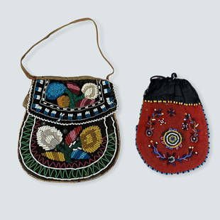 2 Early Eastern Woodlands Beaded Pouches: A pair of early eastern woodlands beaded pouches. Only minor bead damage. One bag is 6 x 6, the there is 4 1â€™2 x 6, 1800â€™s.