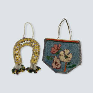 2 Beaded Pieces: A full beaded flat bag with floral beading, 1920â€™s, 7 x 6 1/2, excellent, and a Iroquois beaded Good Luck Whimsey, 1800â€™s, good