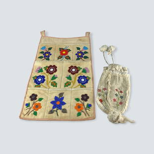 Plateau Beaded Wall Pocket & an Inuit Embroidery: Lot includes a 20 x 11 floral beaded plateau 8 pocket wall pocket on soft hide, excellent, plus a 4 sided soft hide embroidered Inuit drawstring pouch, with fur tufts. Satin lined.