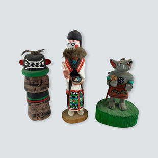 3 Small Kachina Dolls: Group of 3 different Kachinas, All signed on bottom. 4 - 5 1/2. All; good