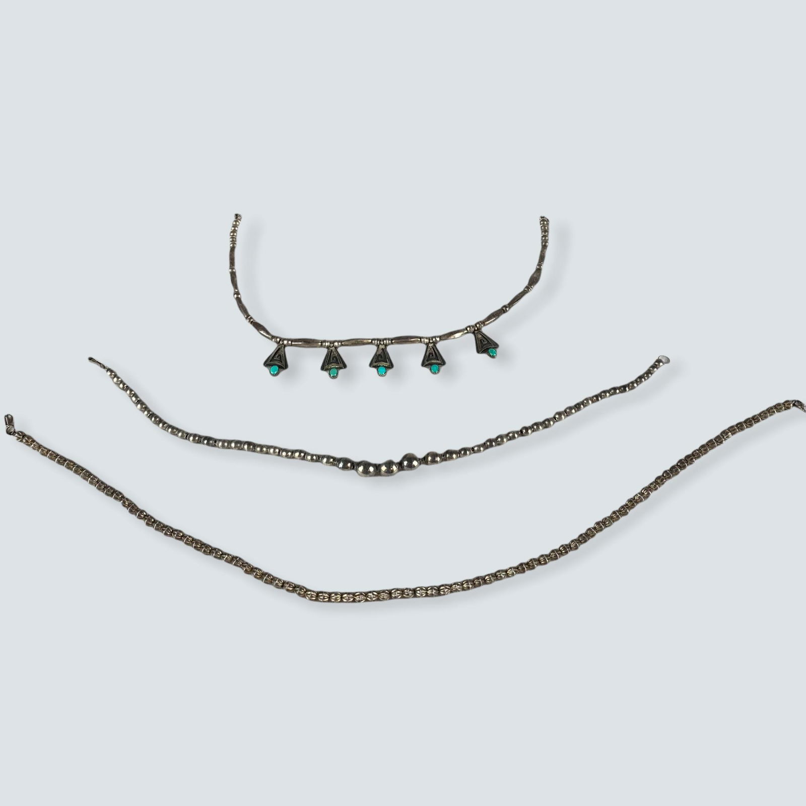 3 Silver Ball necklaces. One with Turquoise Tipped (1 of 2)