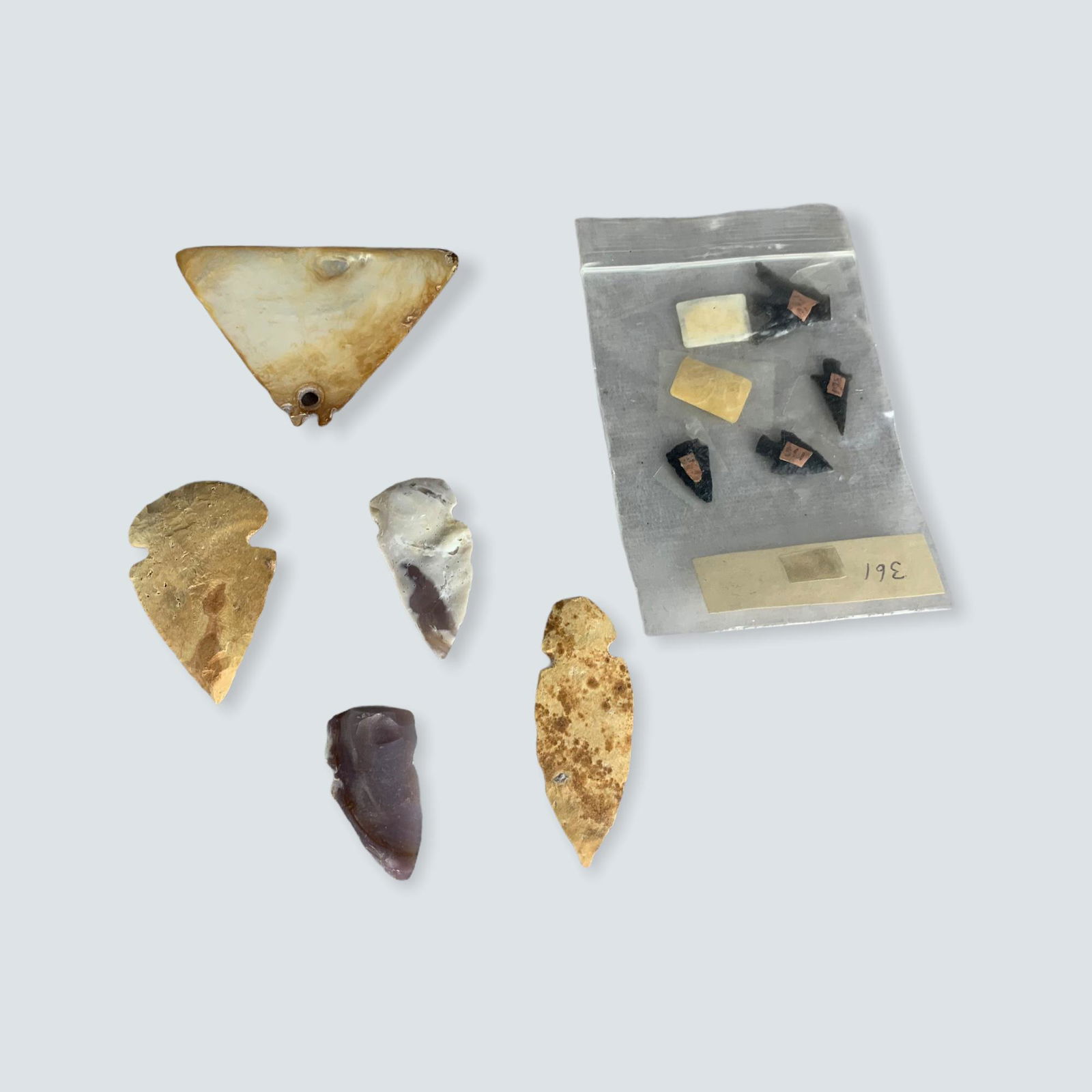 Hohokam Abalone Pendant and 3 arrowheads and 4 Bird (1 of 1)