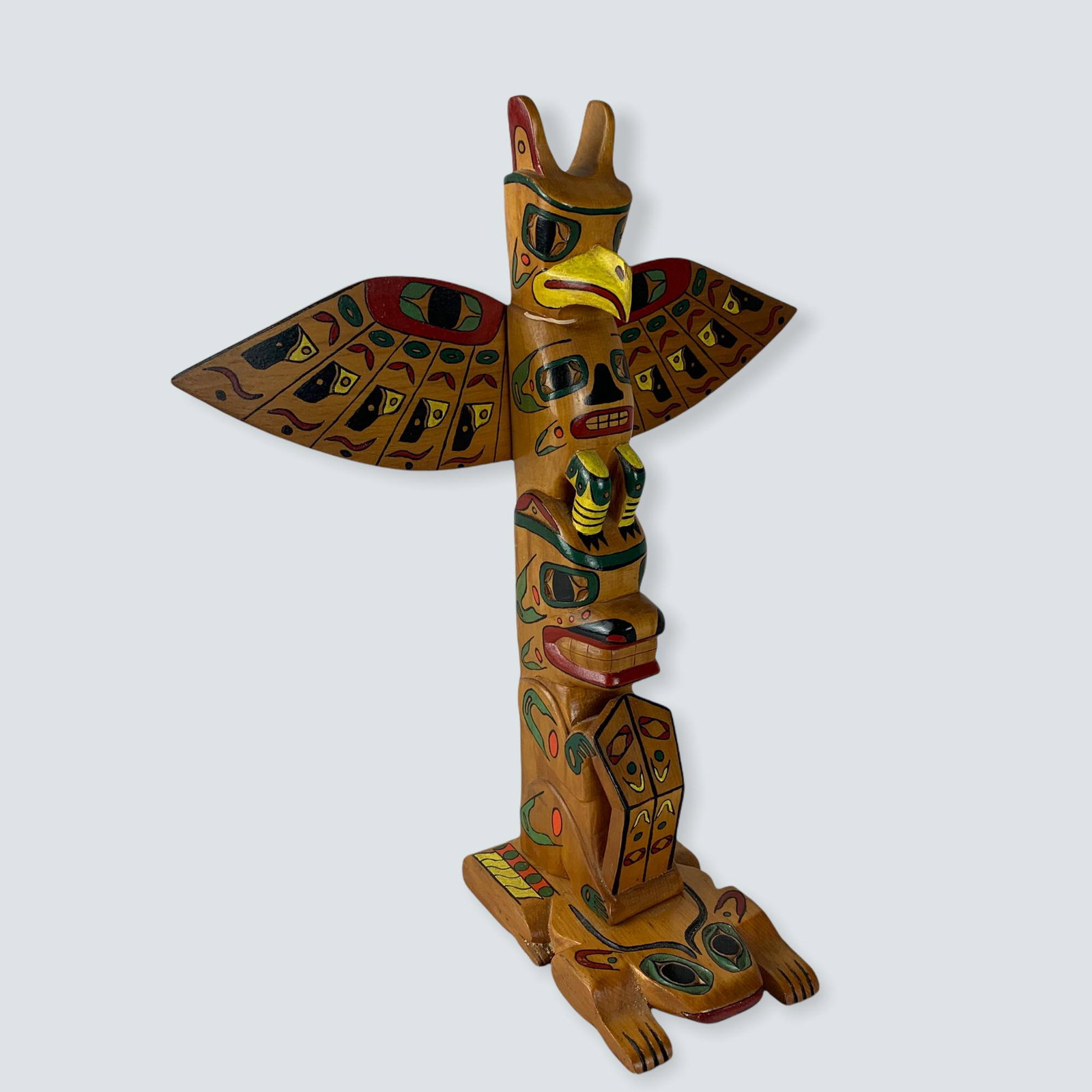 Alex Peters Carved Totem: Circa 1964, Alex Peters carved totem pole. With unusual turtle base. Signed twice. 13. Excellent